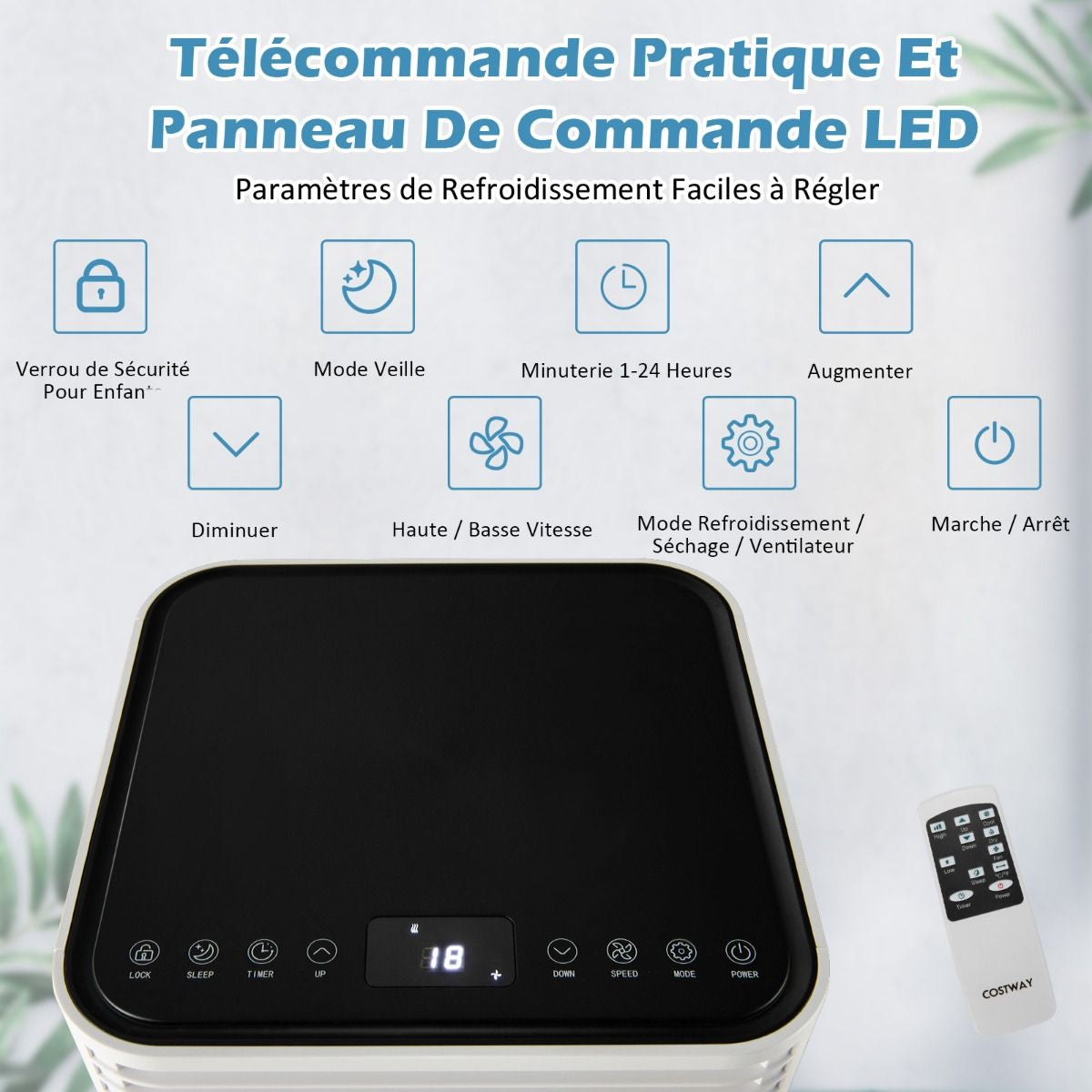 Climatiseur Mobile 4 En 1 Refroidissement Déshumidification Ventilateur 9000BTU 2 Vitesses Mode Veille Minuterie 24 H Blanc/Noir