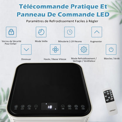 Climatiseur Mobile 4 En 1 Refroidissement Déshumidification Ventilateur 9000BTU 2 Vitesses Mode Veille Minuterie 24 H Blanc/Noir