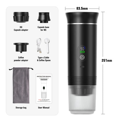 Wireless Electric Portable Espresso Coffee Machine for Car & Home Camping Coffee Maker 3-In-1 Capsule Powder Travel Coffee Maker