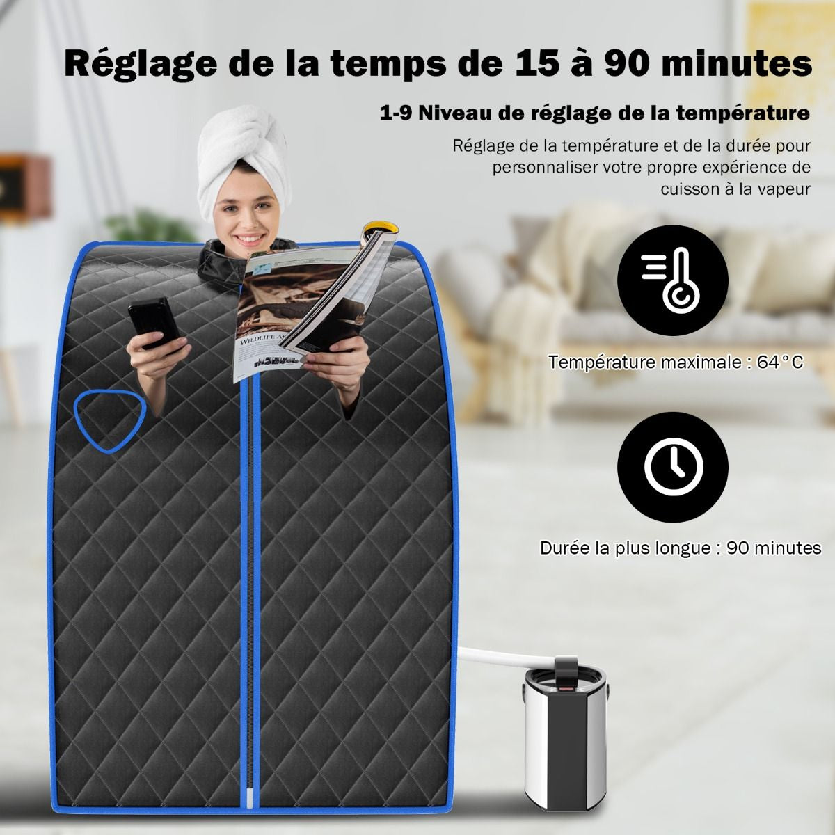 Cabine De Sauna Portable Pliable 3L Avec Télécommande 9 Options De Minuterie Fonction De Vaporisation Puissance 1000 W Noir/Gris/Argent