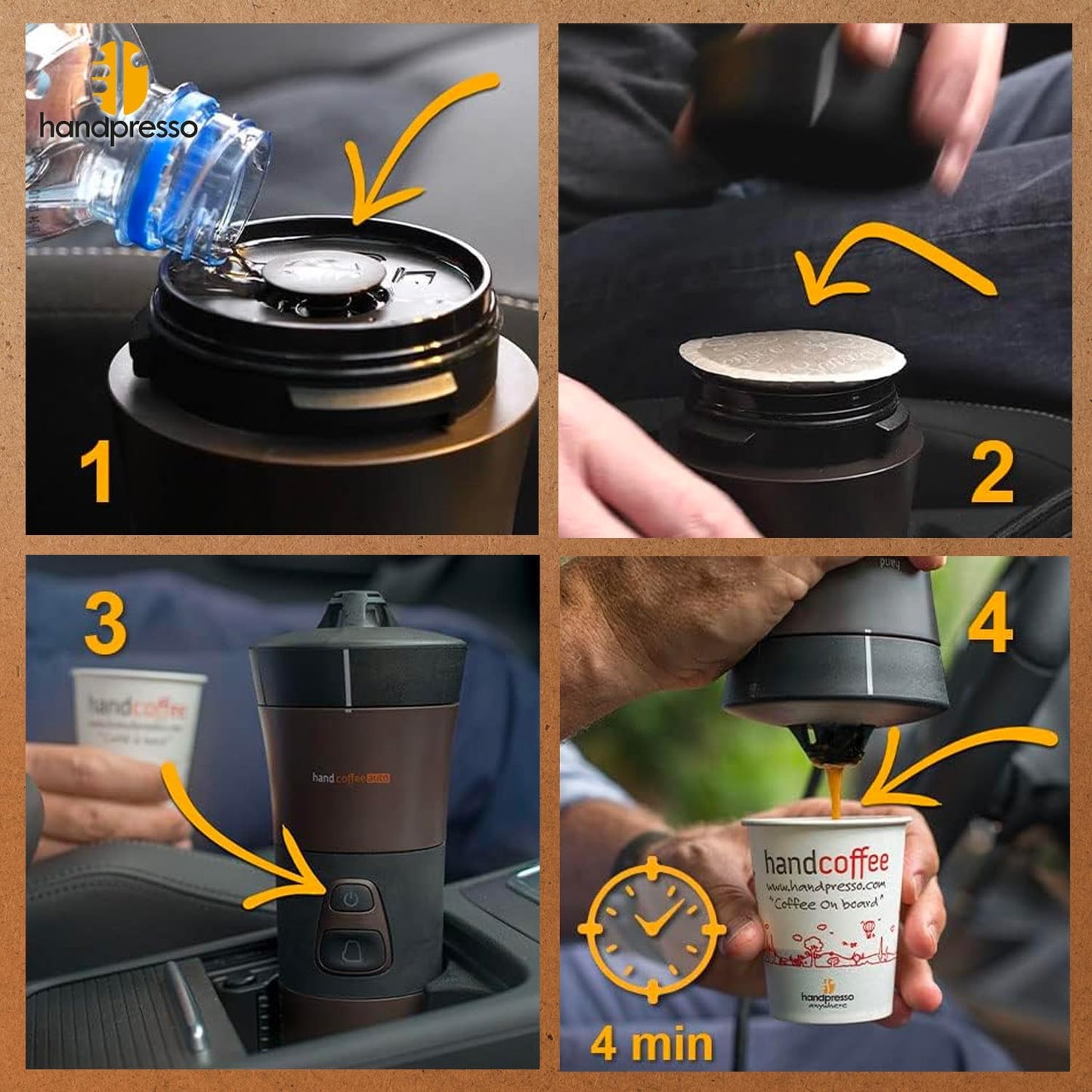 – Handcoffee Auto Set 21002 | Pack Avec Machine a Café/Sac De Transport/Tasse/Serviette | Cafetiere 12V Pour Dosette Senseo - Cafetiere Allume Cigare - Cafetière Voiture, Camping-Car