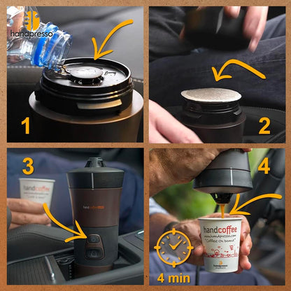 – Handcoffee Auto Set 21002 | Pack Avec Machine a Café/Sac De Transport/Tasse/Serviette | Cafetiere 12V Pour Dosette Senseo - Cafetiere Allume Cigare - Cafetière Voiture, Camping-Car