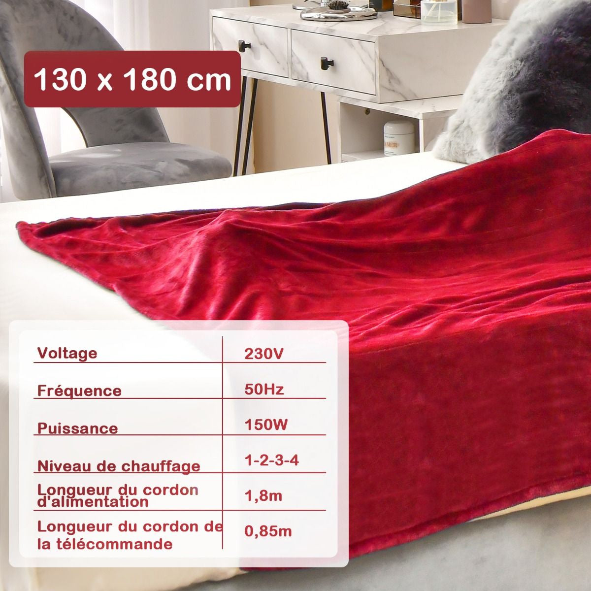 Couverture Chauffante Électrique 130X180Cm 4 Niveaux De Chauffage Télécommande Minuterie D'Arrêt Automatique 8H Couverture En Flanelle 5 Couleurs Au Choix