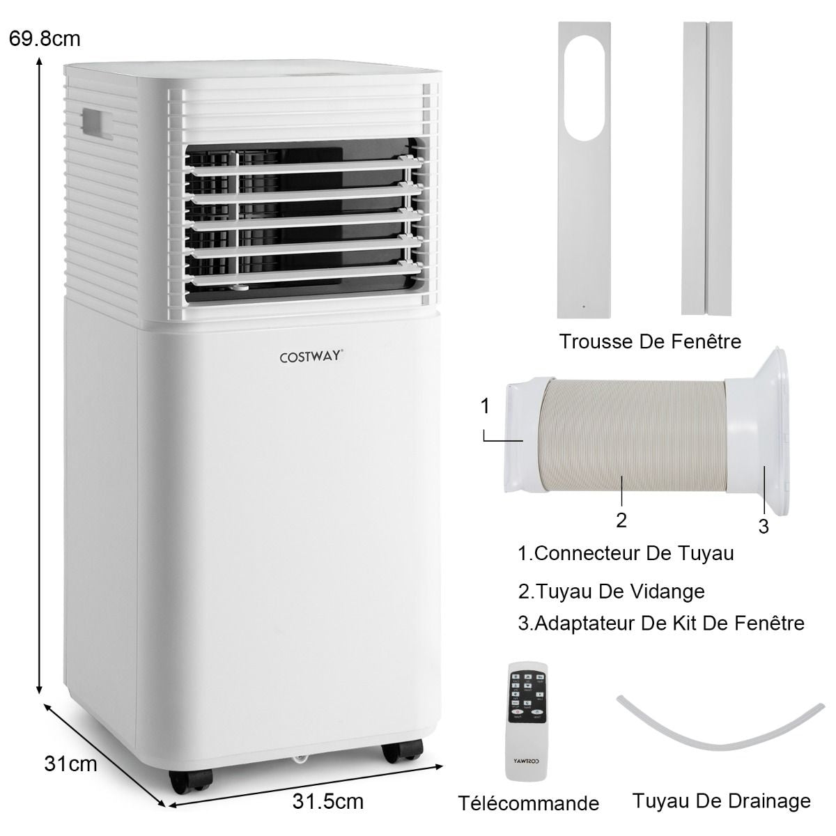 Climatiseur Mobile 4 En 1 Refroidissement Déshumidification Ventilateur 9000BTU 2 Vitesses Mode Veille Minuterie 24 H Blanc/Noir