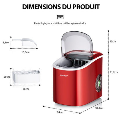 Machine À Glaçons Portable 12 Kg/24H 2 Formats De Glaçons 6-13 Minutes Réservoir D'Eau 2,2 L Avec Pelle Panier Amovible Argenté/Rouge