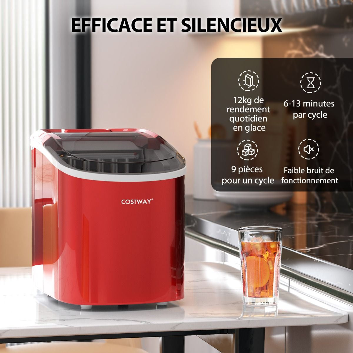 Machine À Glaçons Portable 12 Kg/24H 2 Formats De Glaçons 6-13 Minutes Réservoir D'Eau 2,2 L Avec Pelle Panier Amovible Argenté/Rouge