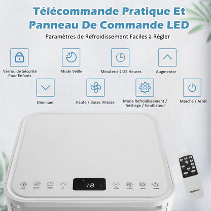 Climatiseur Mobile 4 En 1 Refroidissement Déshumidification Ventilateur 9000BTU 2 Vitesses Mode Veille Minuterie 24 H Blanc/Noir