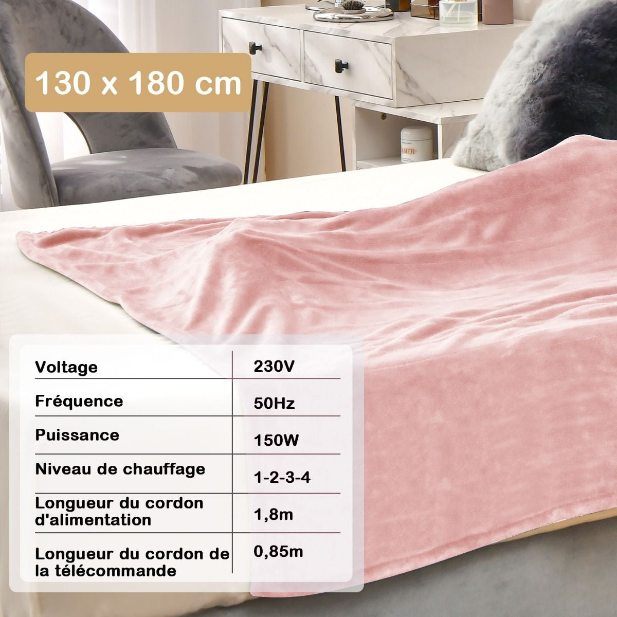 Couverture Chauffante Électrique 130X180Cm 4 Niveaux De Chauffage Télécommande Minuterie D'Arrêt Automatique 8H Couverture En Flanelle 5 Couleurs Au Choix