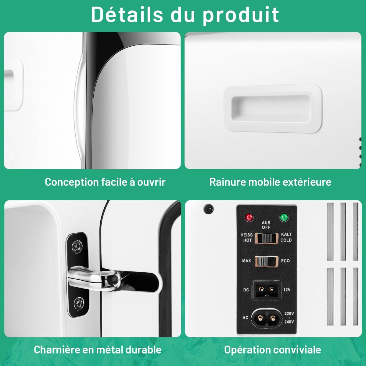 Mini Réfrigérateur 15L 2 En 1 Mini Frigo Portable Fonction De Refroidissement Et De Chauffage Blanc/Noir