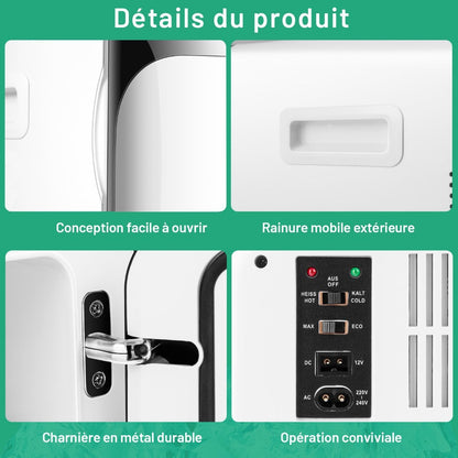 Mini Réfrigérateur 15L 2 En 1 Mini Frigo Portable Fonction De Refroidissement Et De Chauffage Blanc/Noir