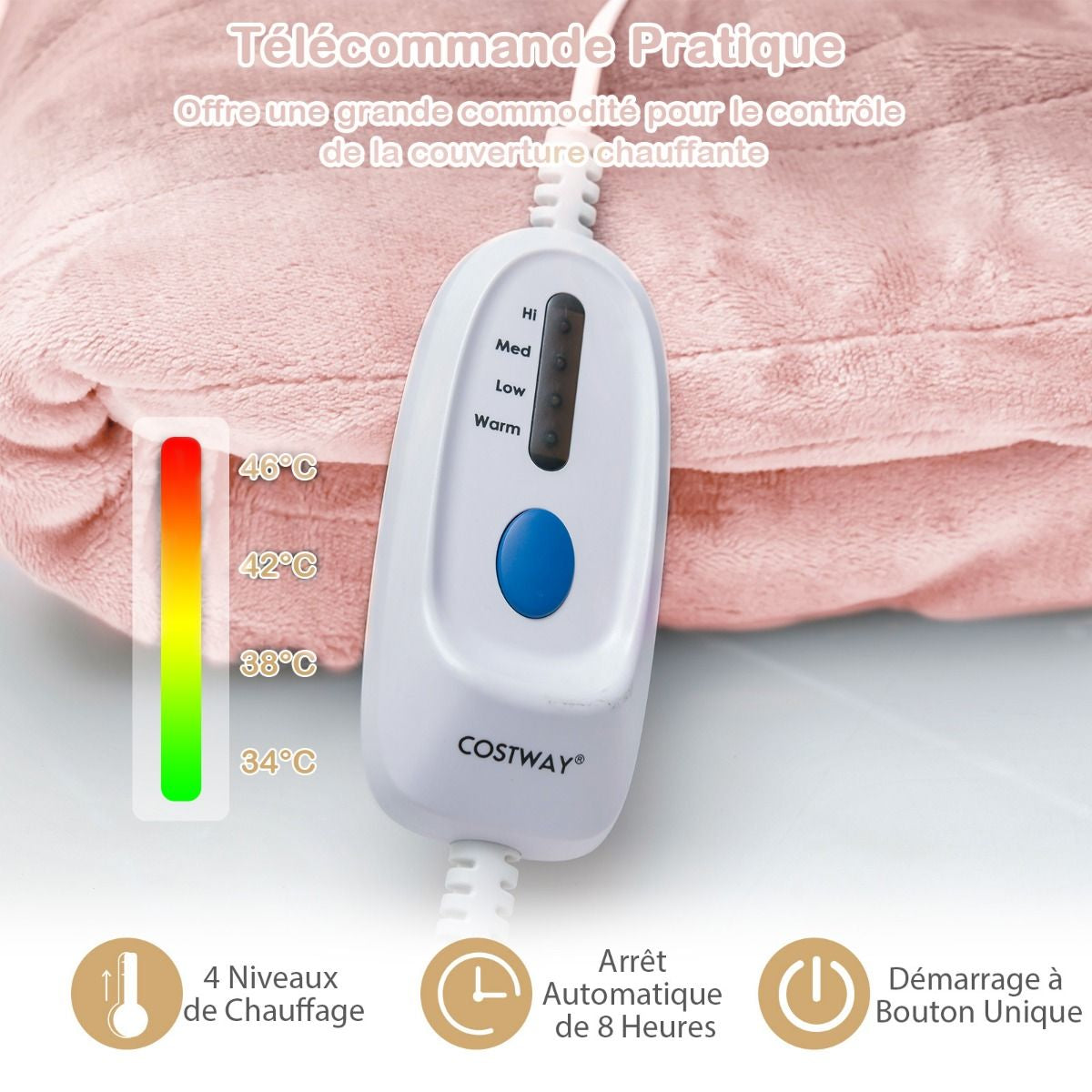 Couverture Chauffante Électrique 130X180Cm 4 Niveaux De Chauffage Télécommande Minuterie D'Arrêt Automatique 8H Couverture En Flanelle 5 Couleurs Au Choix