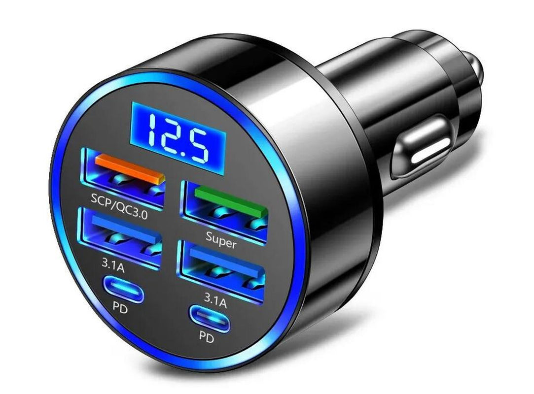 Chargeur Voiture Allume Cigare 4 Ports USB + 2 USB-C PD 66W Et Écran LED.