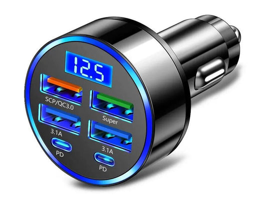 Chargeur Voiture Allume Cigare 4 Ports USB + 2 USB-C PD 66W Et Écran LED.