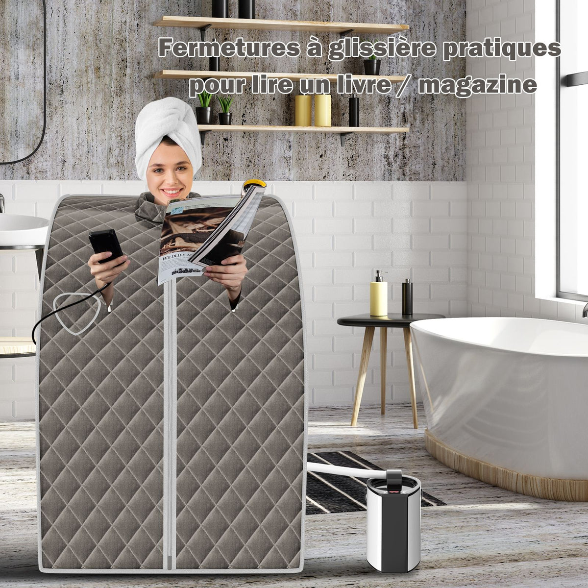 Cabine De Sauna Portable Pliable 3L Avec Télécommande 9 Options De Minuterie Fonction De Vaporisation Puissance 1000 W Noir/Gris/Argent