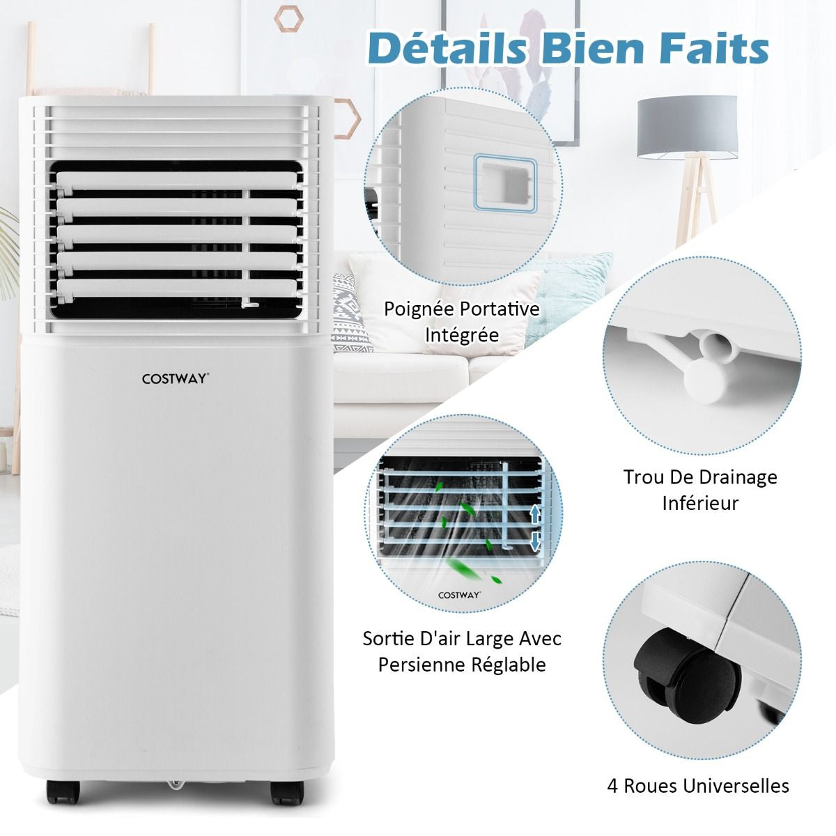 Climatiseur Mobile 4 En 1 Refroidissement Déshumidification Ventilateur 9000BTU 2 Vitesses Mode Veille Minuterie 24 H Blanc/Noir
