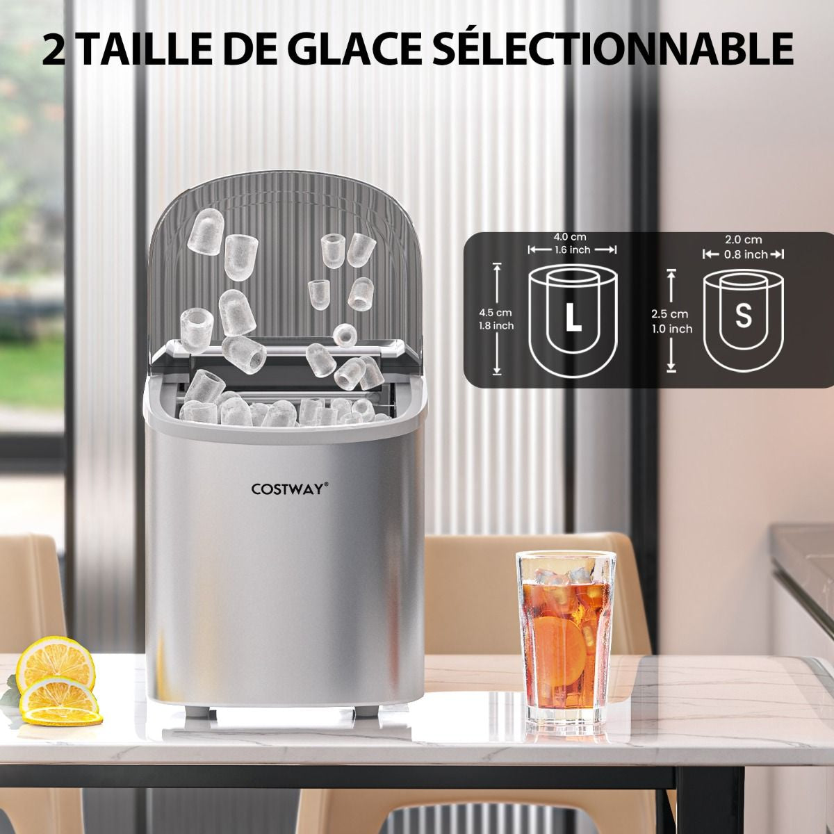 Machine À Glaçons Portable 12 Kg/24H 2 Formats De Glaçons 6-13 Minutes Réservoir D'Eau 2,2 L Avec Pelle Panier Amovible Argenté/Rouge