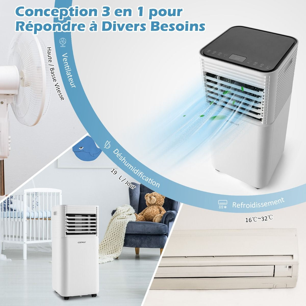 Climatiseur Mobile 4 En 1 Refroidissement Déshumidification Ventilateur 9000BTU 2 Vitesses Mode Veille Minuterie 24 H Blanc/Noir