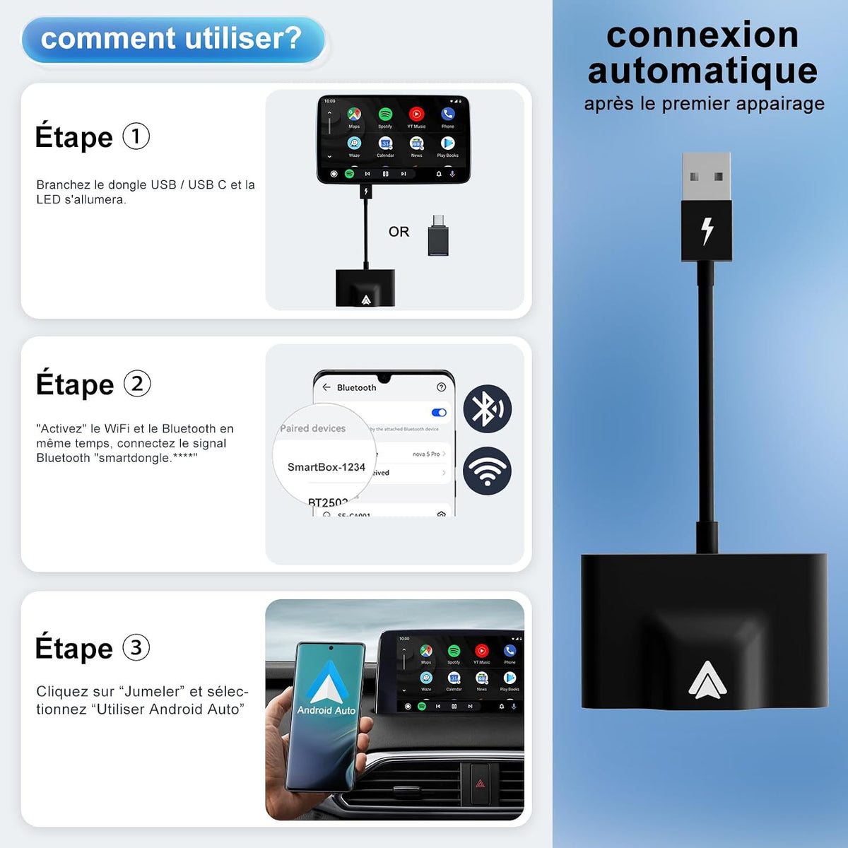 Adapter Android Sans Fil Pour Auto - Brancher & Jouer, Convertir Android Auto Filaire En Sans Fil
