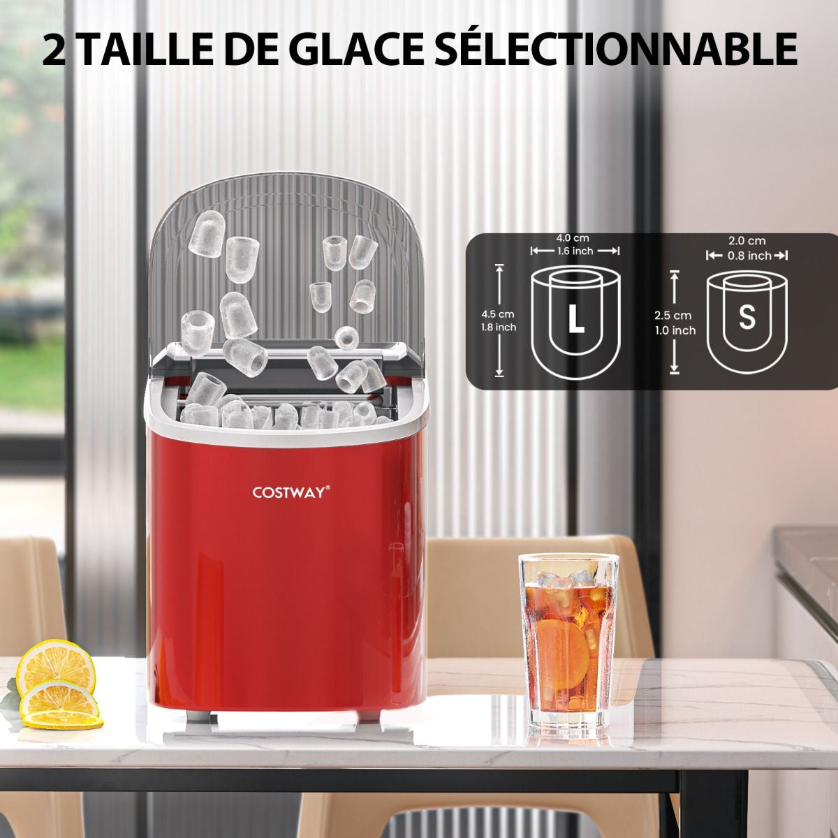 Machine À Glaçons Portable 12 Kg/24H 2 Formats De Glaçons 6-13 Minutes Réservoir D'Eau 2,2 L Avec Pelle Panier Amovible Argenté/Rouge