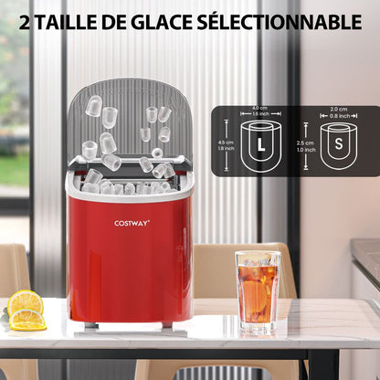 Machine À Glaçons Portable 12 Kg/24H 2 Formats De Glaçons 6-13 Minutes Réservoir D'Eau 2,2 L Avec Pelle Panier Amovible Argenté/Rouge