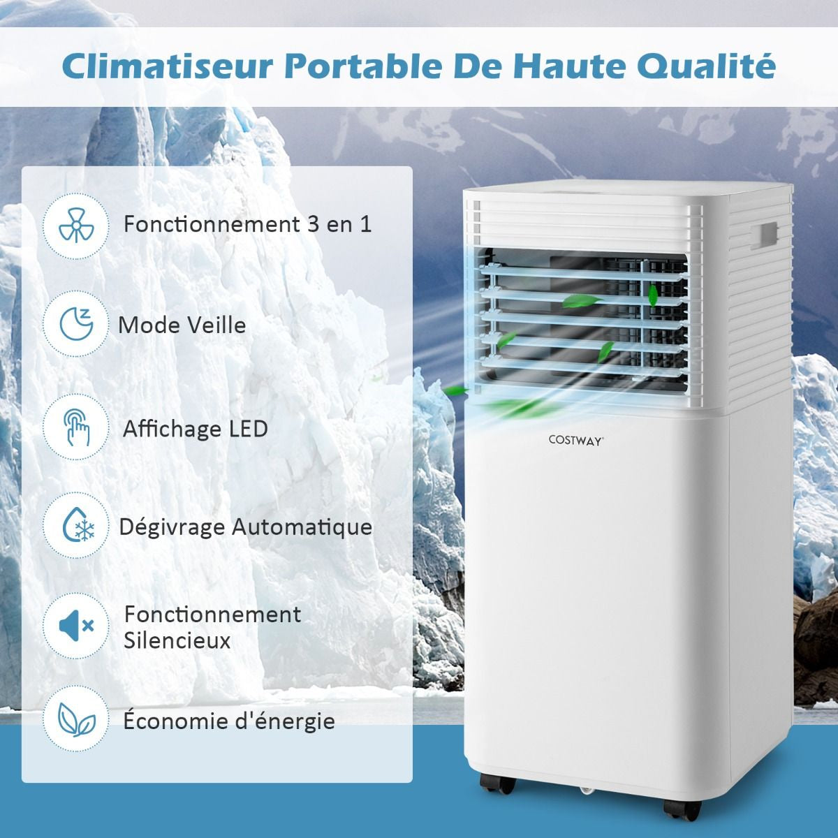Climatiseur Mobile 4 En 1 Refroidissement Déshumidification Ventilateur 9000BTU 2 Vitesses Mode Veille Minuterie 24 H Blanc/Noir