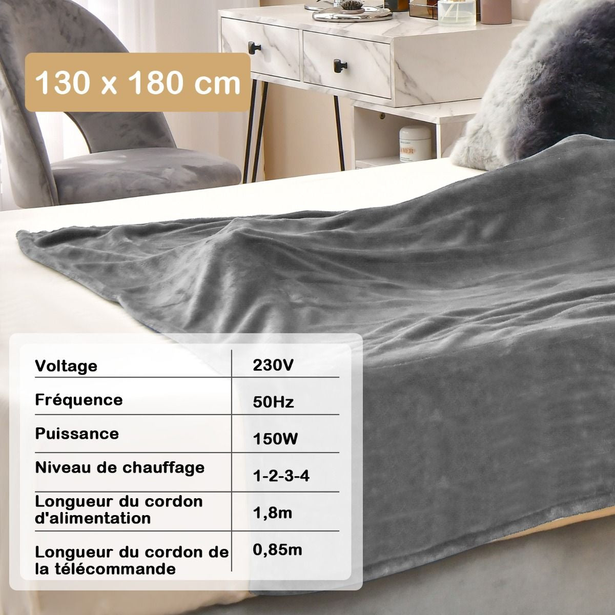 Couverture Chauffante Électrique 130X180Cm 4 Niveaux De Chauffage Télécommande Minuterie D'Arrêt Automatique 8H Couverture En Flanelle 5 Couleurs Au Choix