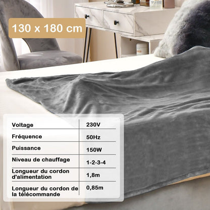 Couverture Chauffante Électrique 130X180Cm 4 Niveaux De Chauffage Télécommande Minuterie D'Arrêt Automatique 8H Couverture En Flanelle 5 Couleurs Au Choix