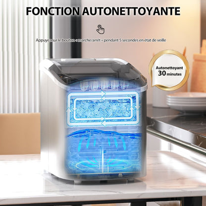 Machine À Glaçons Portable 12 Kg/24H 2 Formats De Glaçons 6-13 Minutes Réservoir D'Eau 2,2 L Avec Pelle Panier Amovible Argenté/Rouge