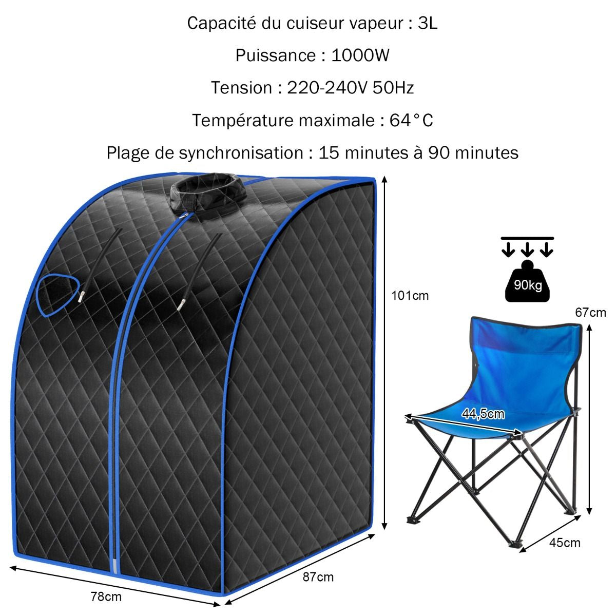 Cabine De Sauna Portable Pliable 3L Avec Télécommande 9 Options De Minuterie Fonction De Vaporisation Puissance 1000 W Noir/Gris/Argent