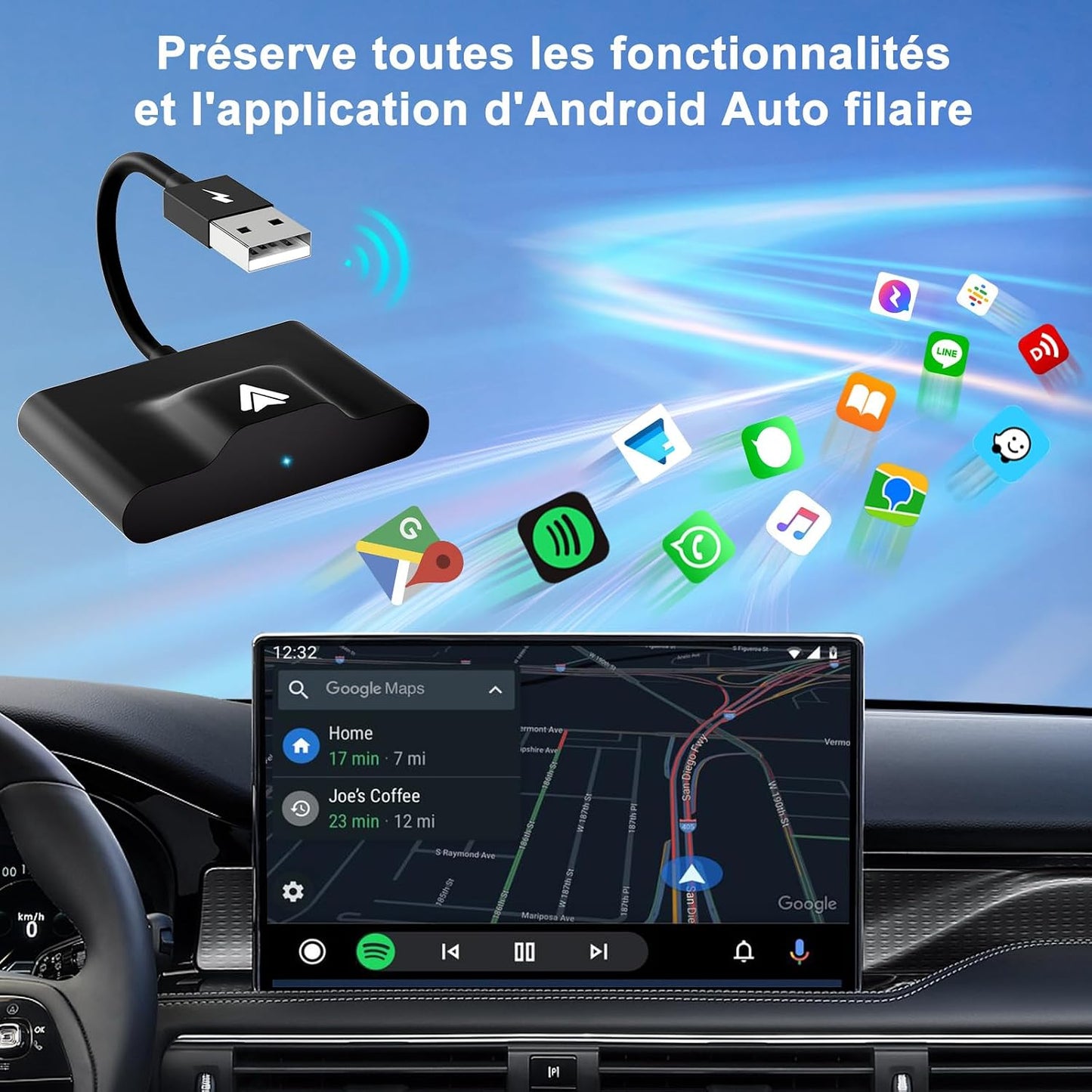Adapter Android Sans Fil Pour Auto - Brancher & Jouer, Convertir Android Auto Filaire En Sans Fil