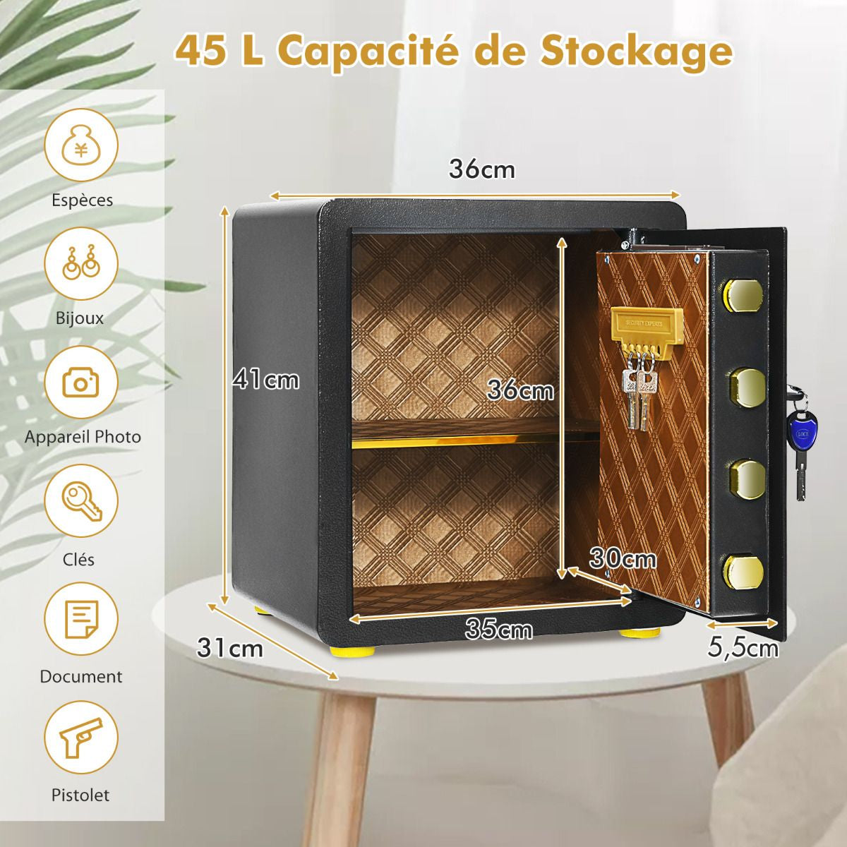 Coffre-Fort De Sécurité Électronique 36 X 31 X 41 CM 46 L Système D'Alarme Clavier Numérique 4 Clés