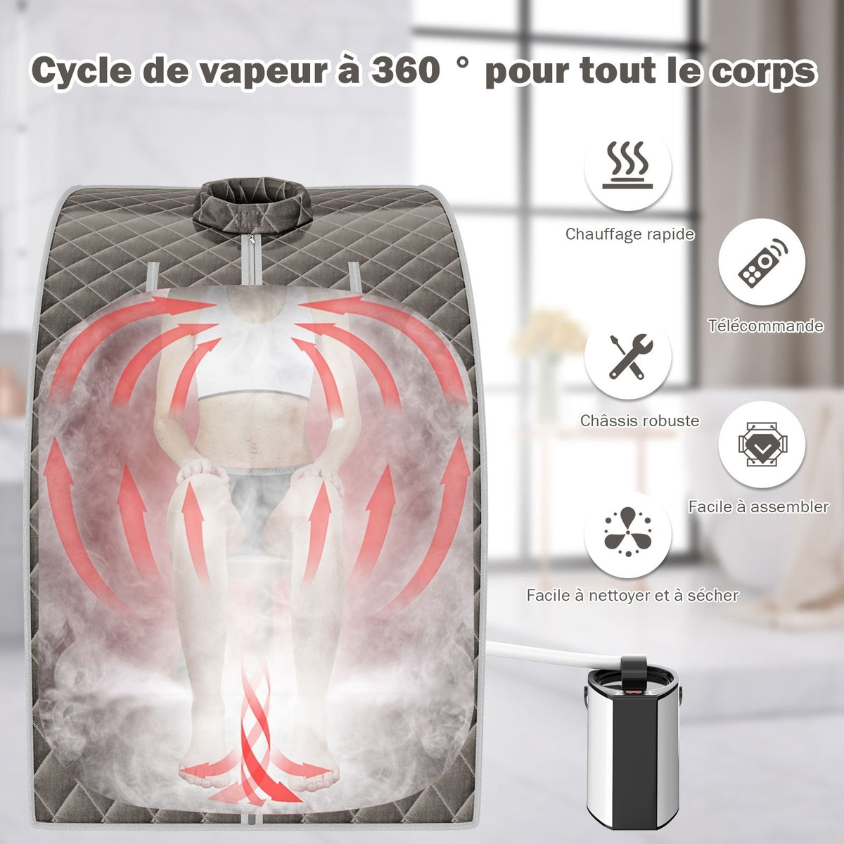 Cabine De Sauna Portable Pliable 3L Avec Télécommande 9 Options De Minuterie Fonction De Vaporisation Puissance 1000 W Noir/Gris/Argent