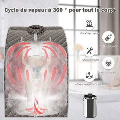 Cabine De Sauna Portable Pliable 3L Avec Télécommande 9 Options De Minuterie Fonction De Vaporisation Puissance 1000 W Noir/Gris/Argent