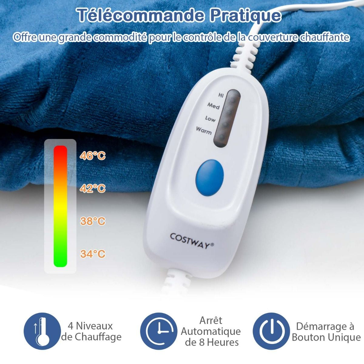 Couverture Chauffante Électrique 130X180Cm 4 Niveaux De Chauffage Télécommande Minuterie D'Arrêt Automatique 8H Couverture En Flanelle 5 Couleurs Au Choix