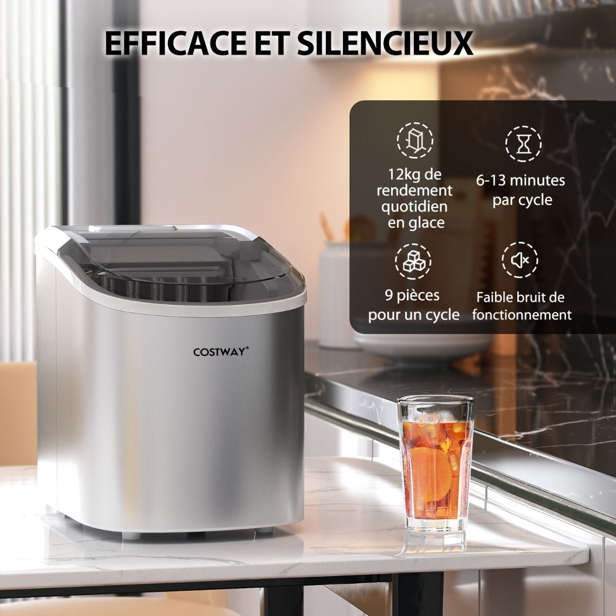 Machine À Glaçons Portable 12 Kg/24H 2 Formats De Glaçons 6-13 Minutes Réservoir D'Eau 2,2 L Avec Pelle Panier Amovible Argenté/Rouge