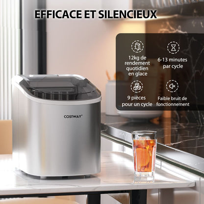 Machine À Glaçons Portable 12 Kg/24H 2 Formats De Glaçons 6-13 Minutes Réservoir D'Eau 2,2 L Avec Pelle Panier Amovible Argenté/Rouge