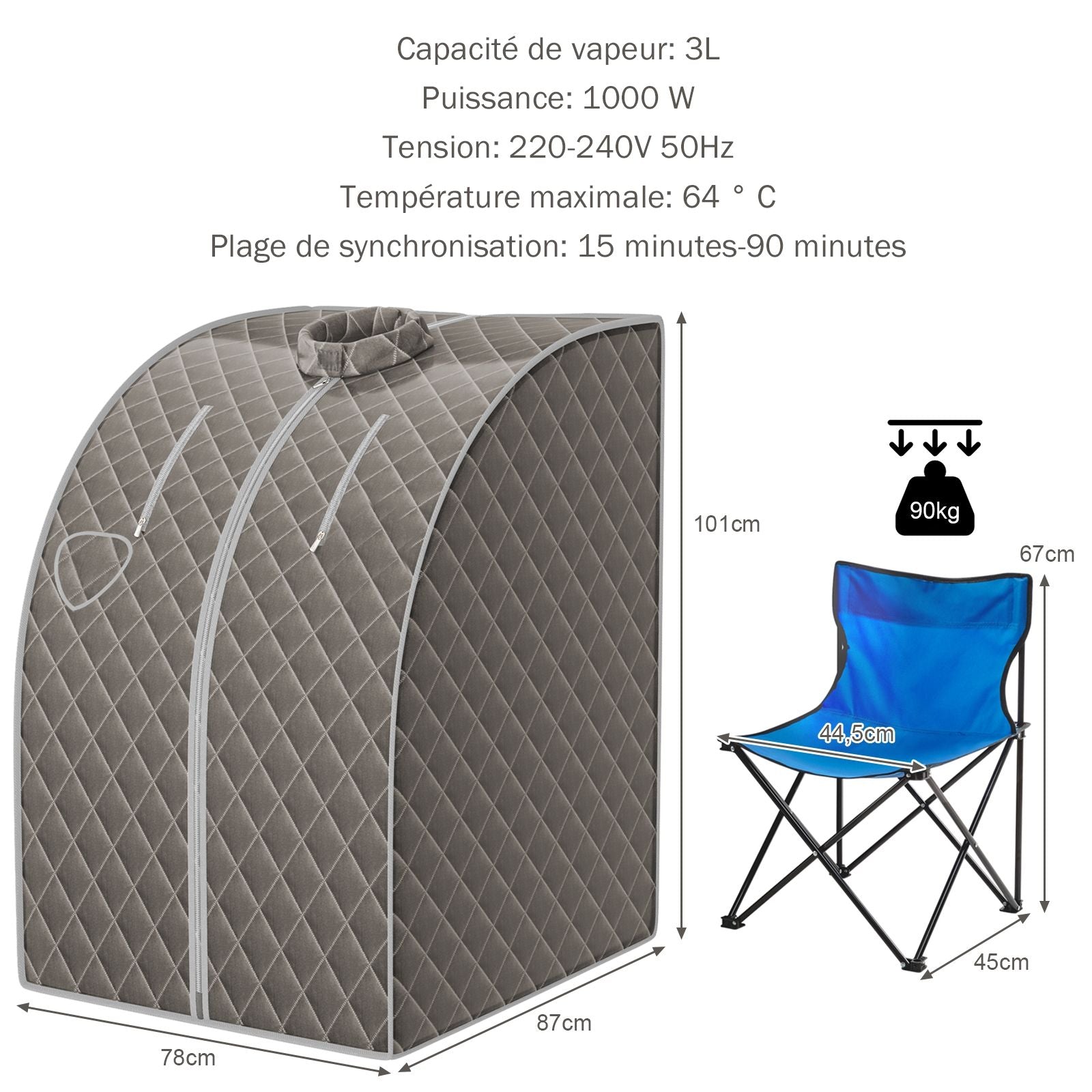 Cabine De Sauna Portable Pliable 3L Avec Télécommande 9 Options De Minuterie Fonction De Vaporisation Puissance 1000 W Noir/Gris/Argent