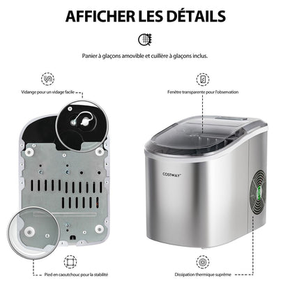 Machine À Glaçons Portable 12 Kg/24H 2 Formats De Glaçons 6-13 Minutes Réservoir D'Eau 2,2 L Avec Pelle Panier Amovible Argenté/Rouge