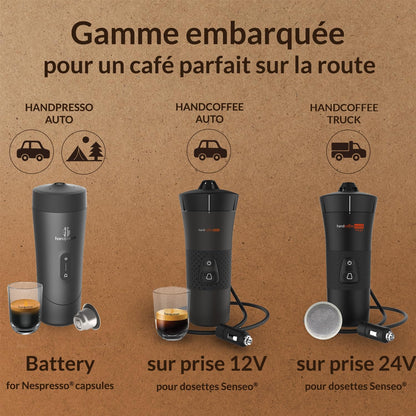 – Handcoffee Auto Set 21002 | Pack Avec Machine a Café/Sac De Transport/Tasse/Serviette | Cafetiere 12V Pour Dosette Senseo - Cafetiere Allume Cigare - Cafetière Voiture, Camping-Car