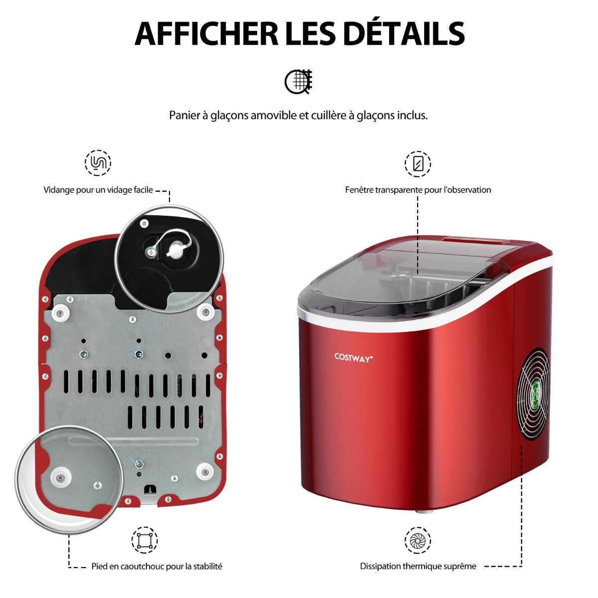 Machine À Glaçons Portable 12 Kg/24H 2 Formats De Glaçons 6-13 Minutes Réservoir D'Eau 2,2 L Avec Pelle Panier Amovible Argenté/Rouge