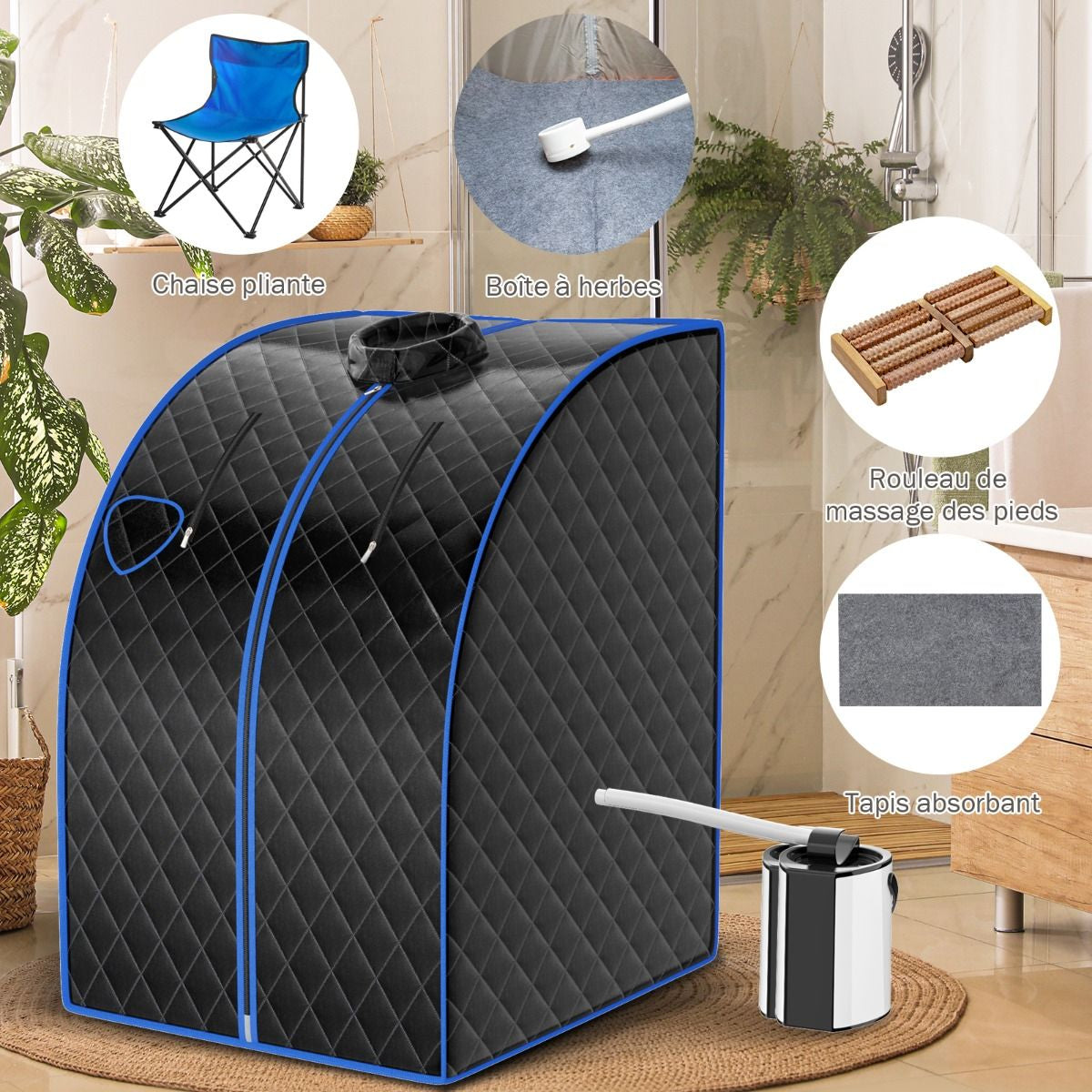 Cabine De Sauna Portable Pliable 3L Avec Télécommande 9 Options De Minuterie Fonction De Vaporisation Puissance 1000 W Noir/Gris/Argent