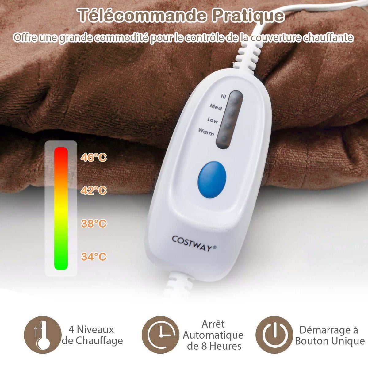 Couverture Chauffante Électrique 130X180Cm 4 Niveaux De Chauffage Télécommande Minuterie D'Arrêt Automatique 8H Couverture En Flanelle 5 Couleurs Au Choix