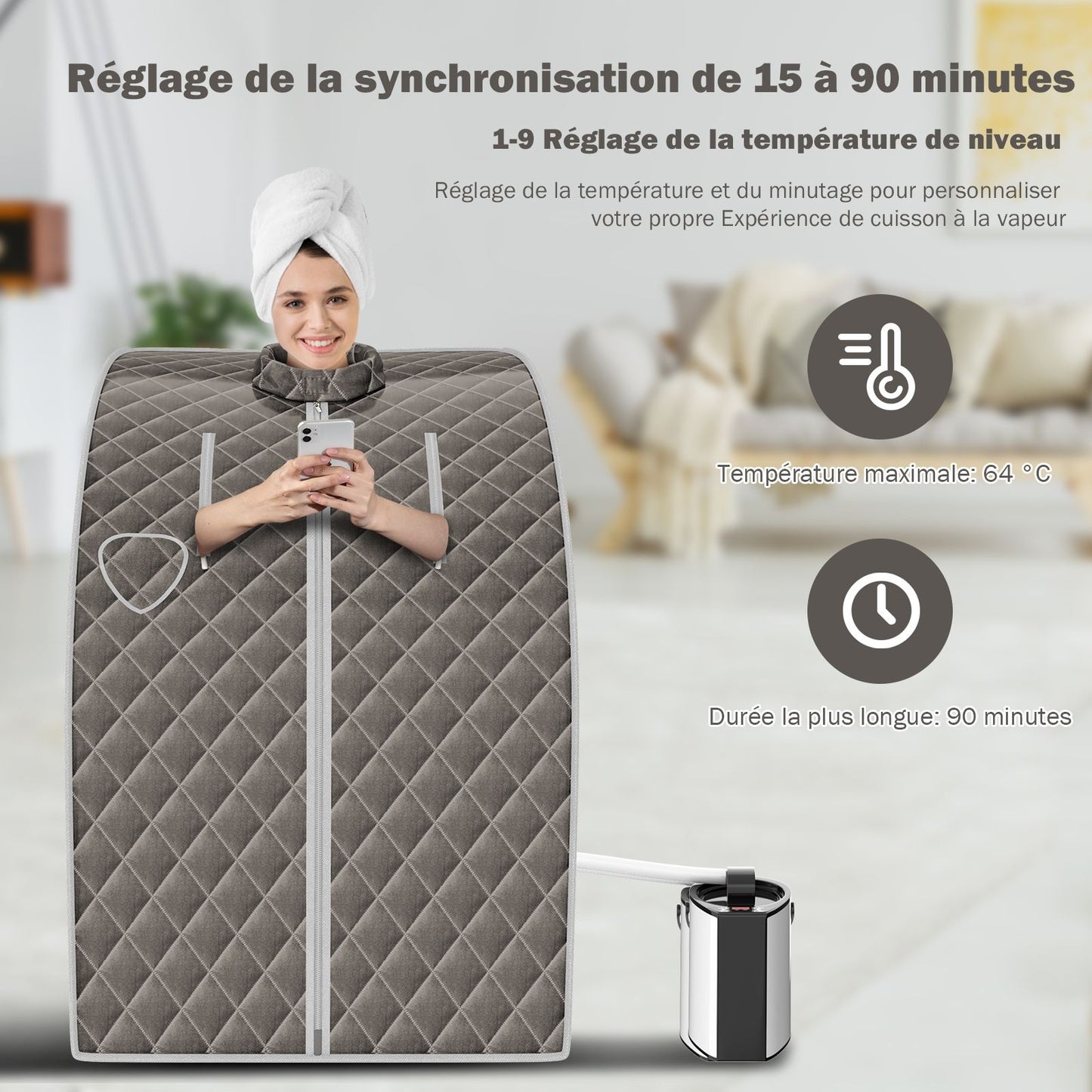 Cabine De Sauna Portable Pliable 3L Avec Télécommande 9 Options De Minuterie Fonction De Vaporisation Puissance 1000 W Noir/Gris/Argent