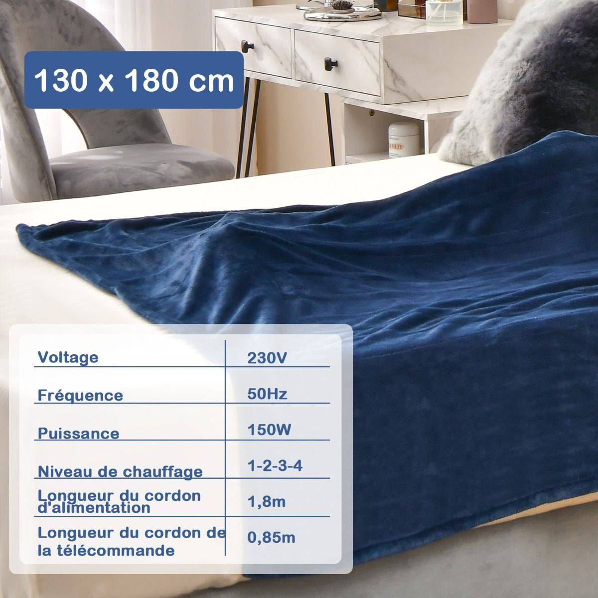 Couverture Chauffante Électrique 130X180Cm 4 Niveaux De Chauffage Télécommande Minuterie D'Arrêt Automatique 8H Couverture En Flanelle 5 Couleurs Au Choix