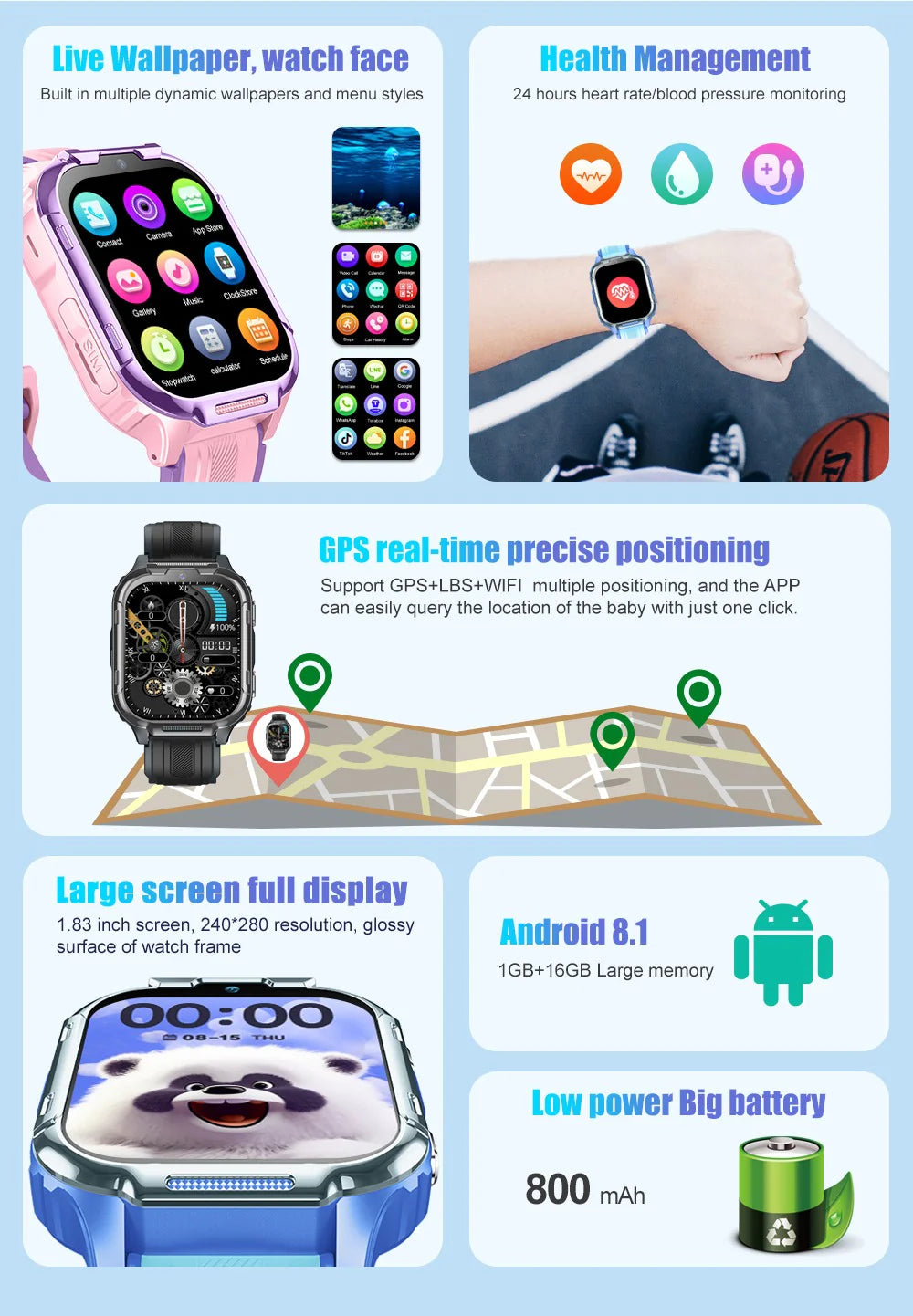 D55 Kids Smartwatch Android with GPS Tracker SIM Card Child Smart Watch for Calling, Location Tracking Safety Monitoring Smartwatch for Boys and Girls