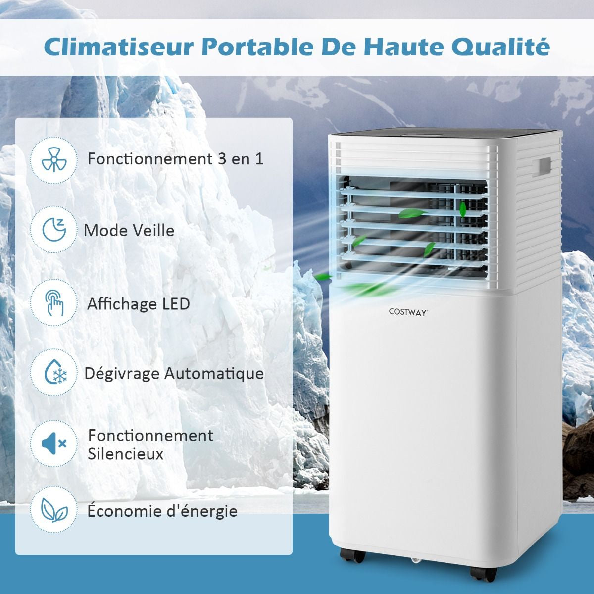 Climatiseur Mobile 4 En 1 Refroidissement Déshumidification Ventilateur 9000BTU 2 Vitesses Mode Veille Minuterie 24 H Blanc/Noir