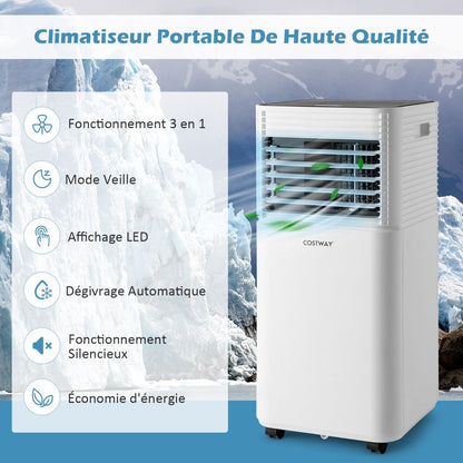 Climatiseur Mobile 4 En 1 Refroidissement Déshumidification Ventilateur 9000BTU 2 Vitesses Mode Veille Minuterie 24 H Blanc/Noir