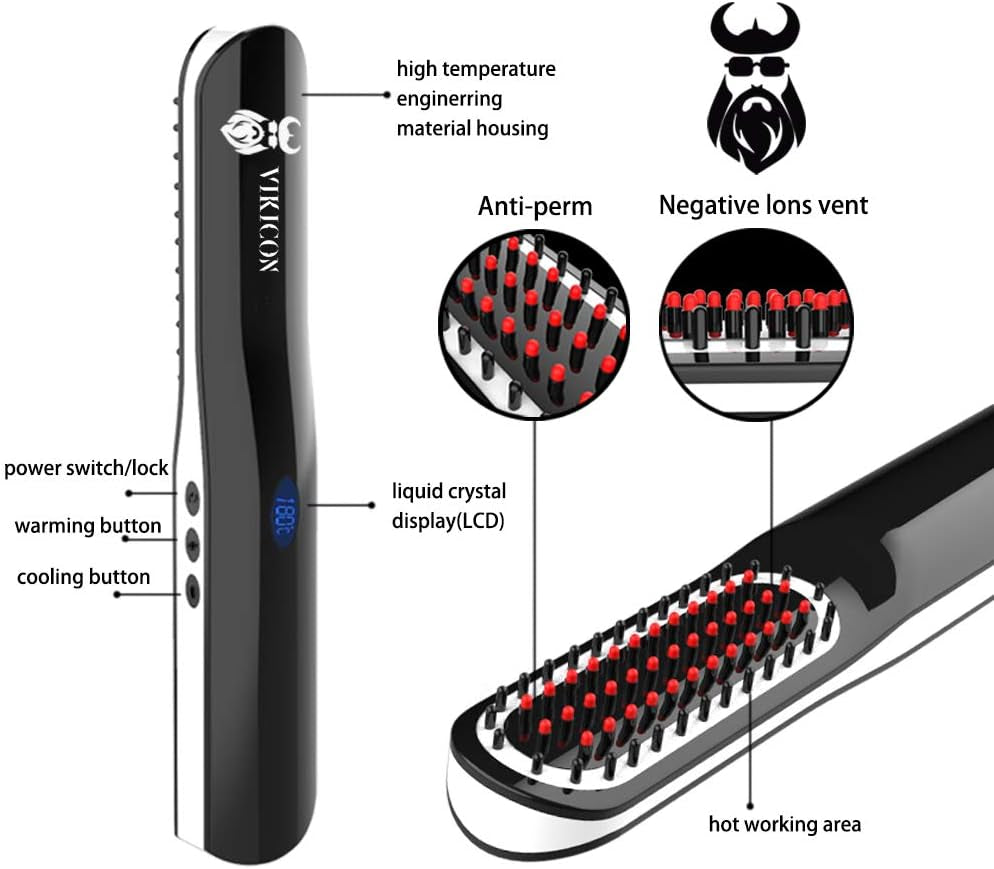 Lisseur Barbe, Brosse Lissante Chauffante Avec Sans Fil/Anti-Brûlure/Mise Hors Tension Automatique/Températures Ajustables/Taille Mini Pour Voyager/Maison