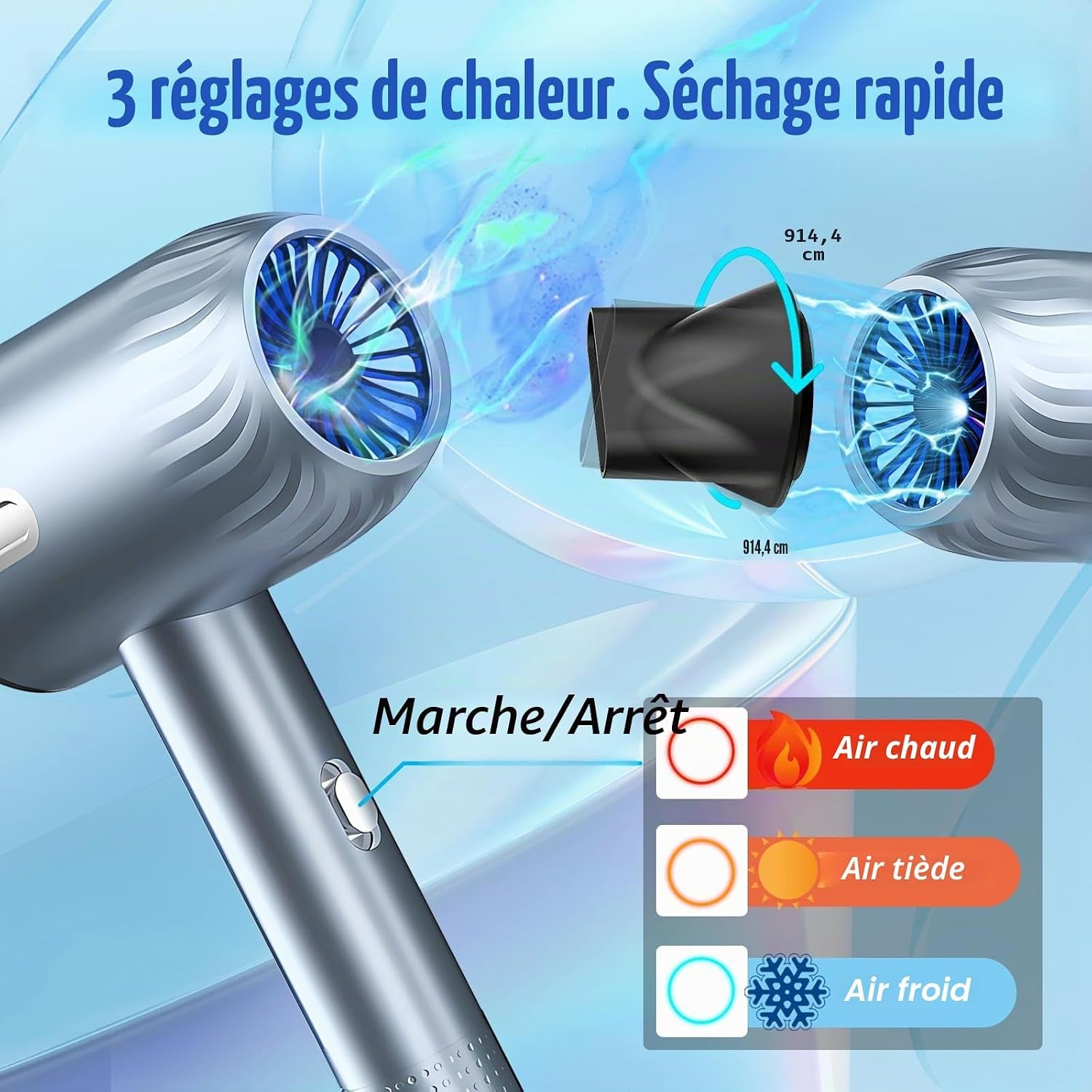 Sèche-Cheveux Ionique Professionnel 2300W, 3 Réglages De Chaleur, Pour La Maison, Le Salon Et Les Voyages - Avec Accessoires
