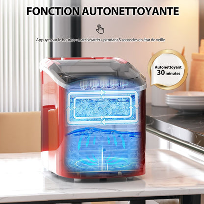 Machine À Glaçons Portable 12 Kg/24H 2 Formats De Glaçons 6-13 Minutes Réservoir D'Eau 2,2 L Avec Pelle Panier Amovible Argenté/Rouge